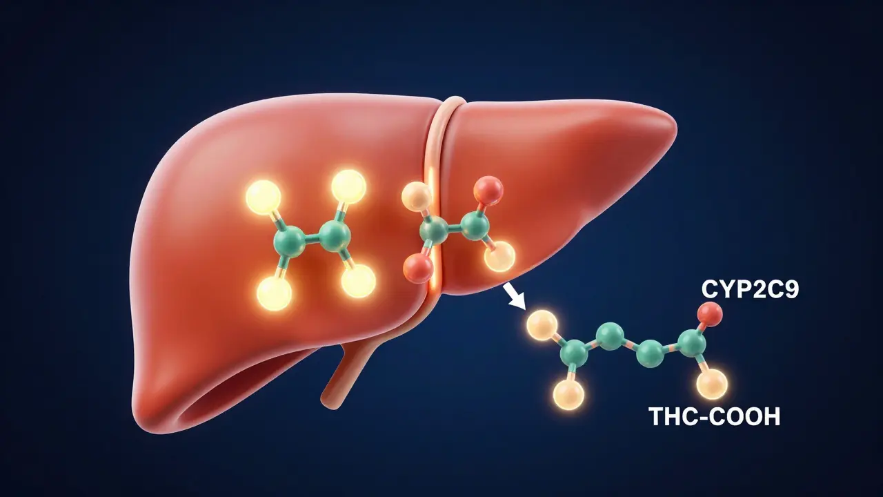 3D-Visualisierung der Leberenzyme, die Delta-8-THC-Moleküle in identische THC-COOH-Metaboliten abbauen.