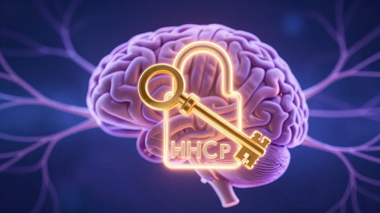 Abstrakte Darstellung der Bindung von HHCP an Gehirnrezeptoren