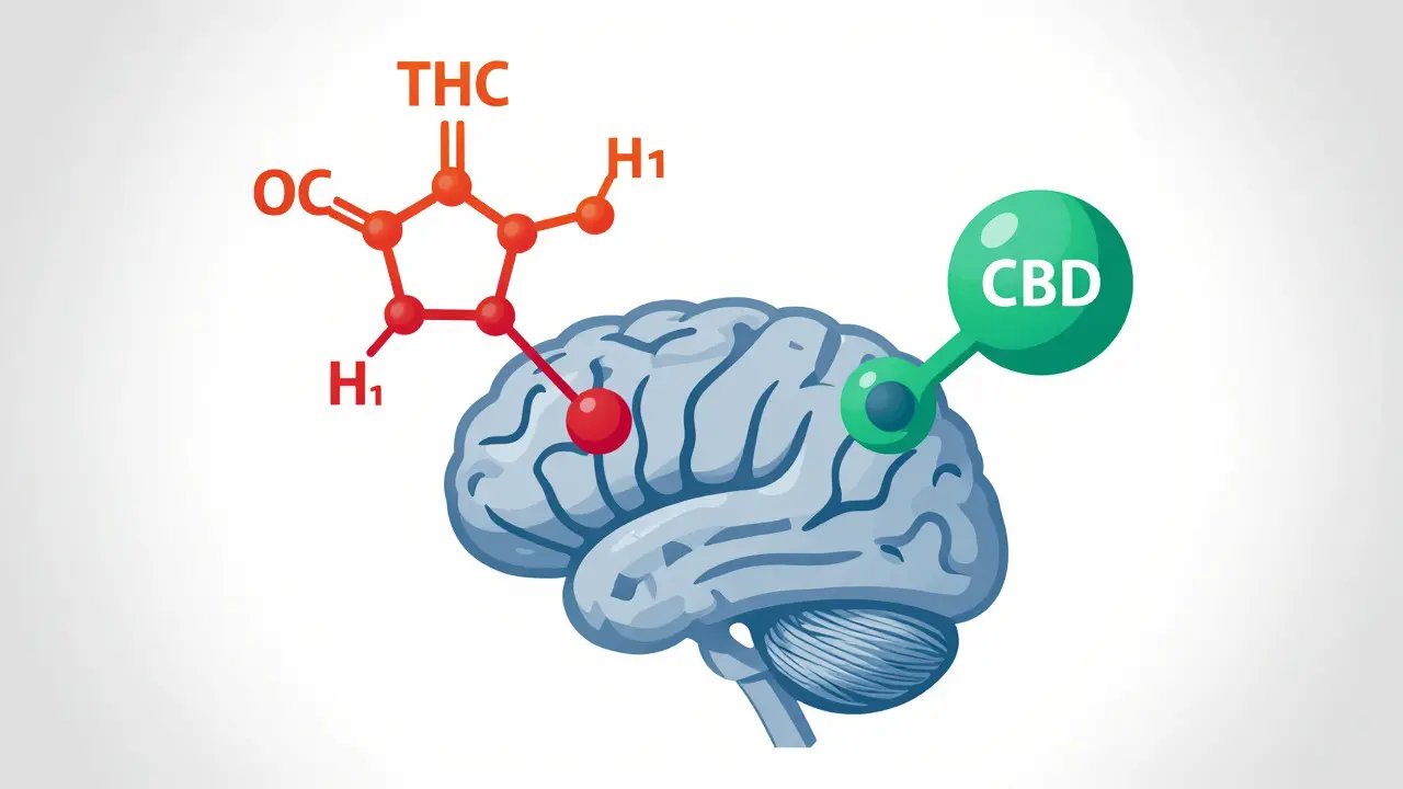 Abstrakte Darstellung der unterschiedlichen chemischen Bindung von THC und CBD im Gehirn