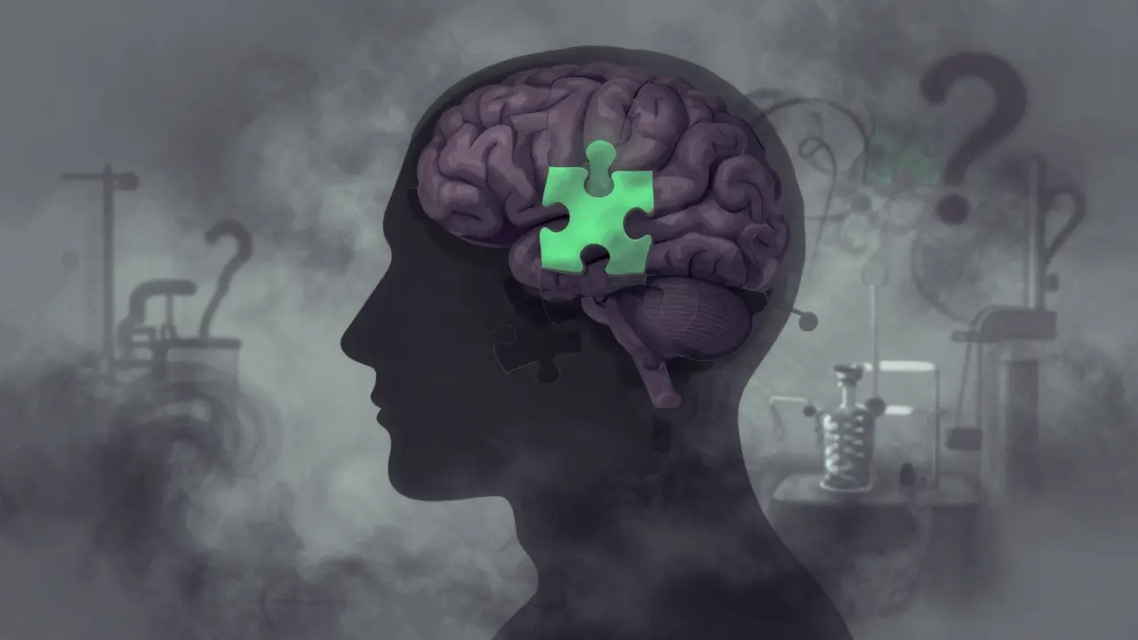 Abstrakte Darstellung eines Kopfes mit Nebel und Puzzleteilen als Symbol für Unwissenheit