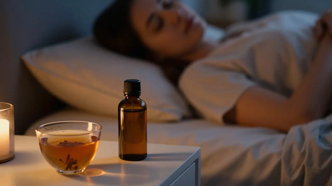 CBD-Ölflasche auf einem Nachttisch in ruhiger Schlafzimmeratmosphäre
