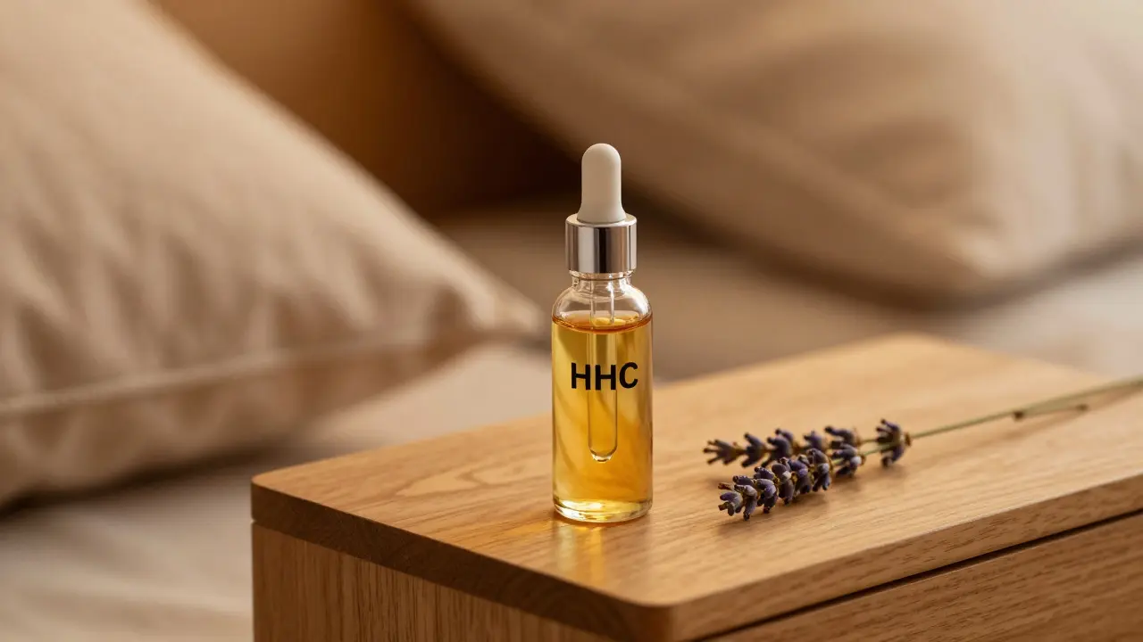 Dropperflasche mit goldenem HHC-Öl auf einer Nachttischplatte bei warmem Licht
