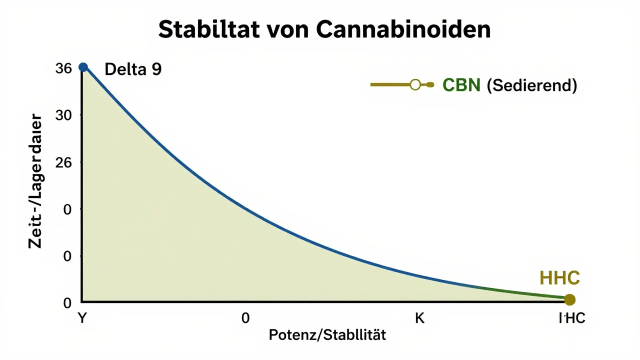 Ein Liniendiagramm illustriert die chemische Stabilität. Die Linie für Delta 9 fällt schnell ab, während die Linie für HHC stabil bleibt, was dessen längere Haltbarkeit verdeutlicht.