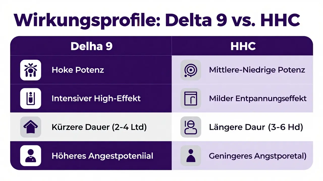 Eine Infografik stellt die Wirkungsprofile von Delta 9 und HHC gegenüber. Links werden hohe Potenz und intensiver Effekt für Delta 9 beschrieben, rechts mittlere Potenz und milder Effekt für HHC. Die Farben sind violett und lila.