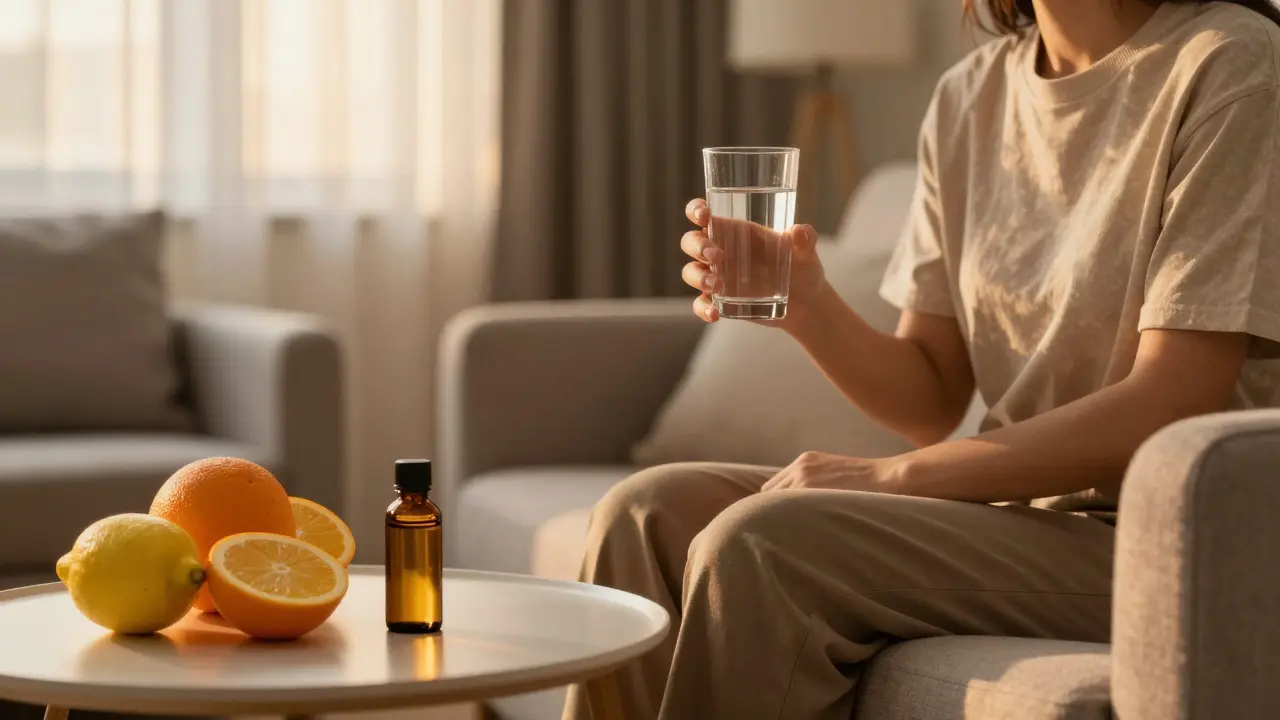Entspannte Person im Wohnzimmer mit Wasser und Zitrusfrüchten zur Terpenergänzung