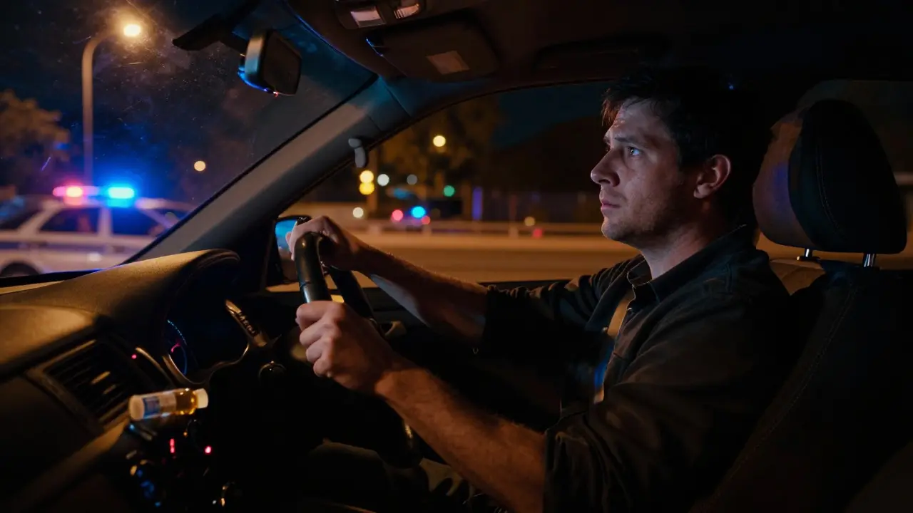 Fahrer im Auto bei Nacht mit Risiko eines Kontrollverlusts