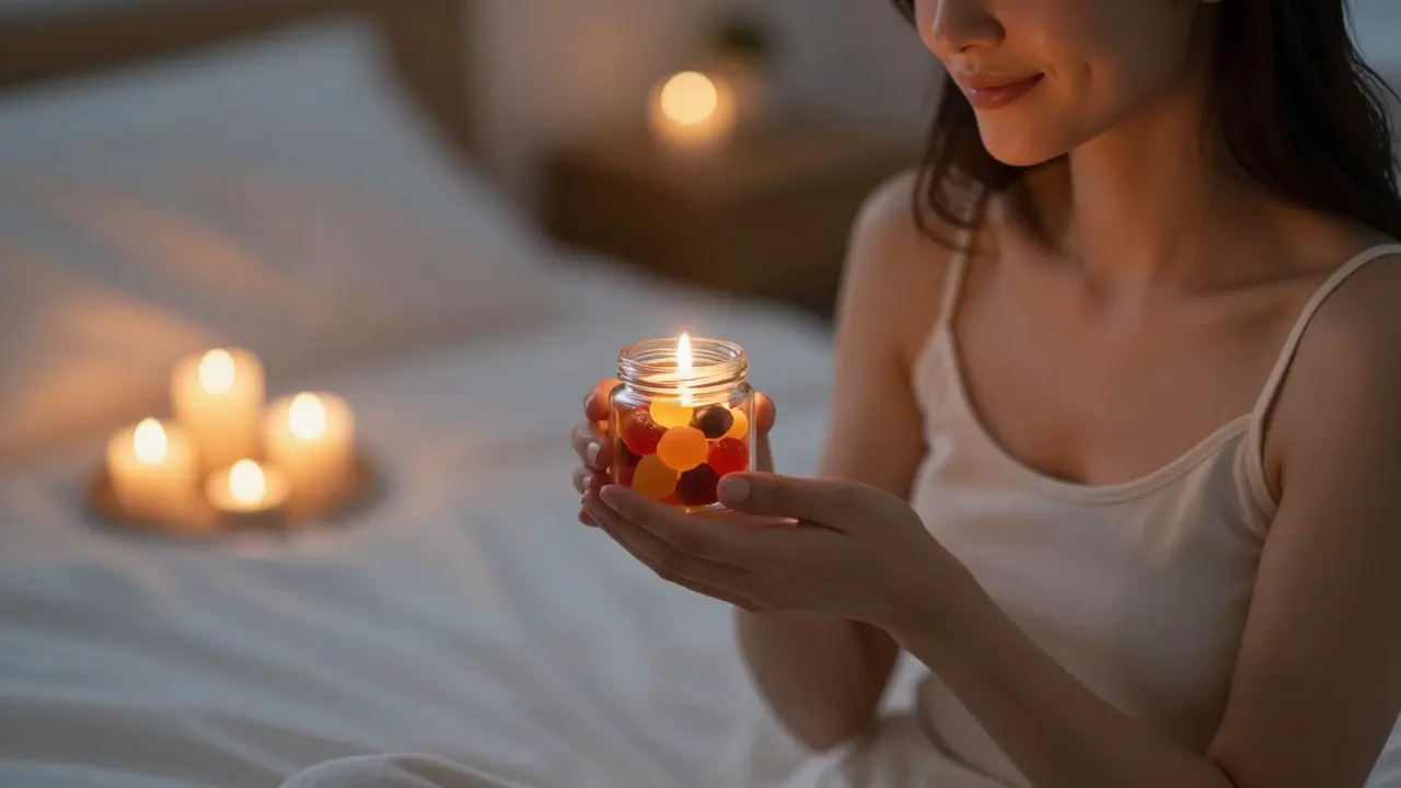 Frau entspannt sich im Schlafzimmer mit CBD-Bonbons bei Kerzenschein