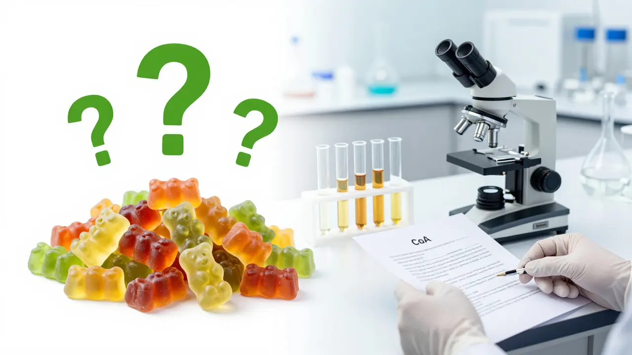 Gummibärchen neben Laborbericht symbolisieren Qualitätsprüfung von CBD