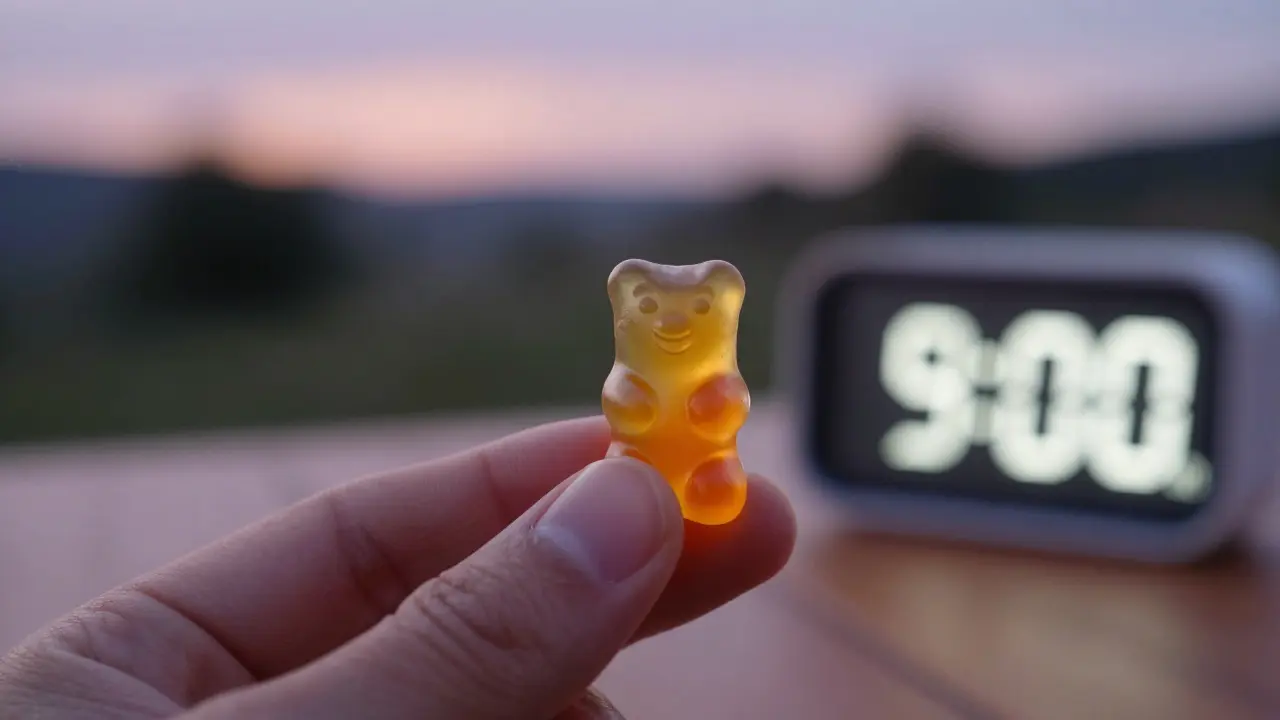 Hand holding CBD gummy at night for better sleep timing