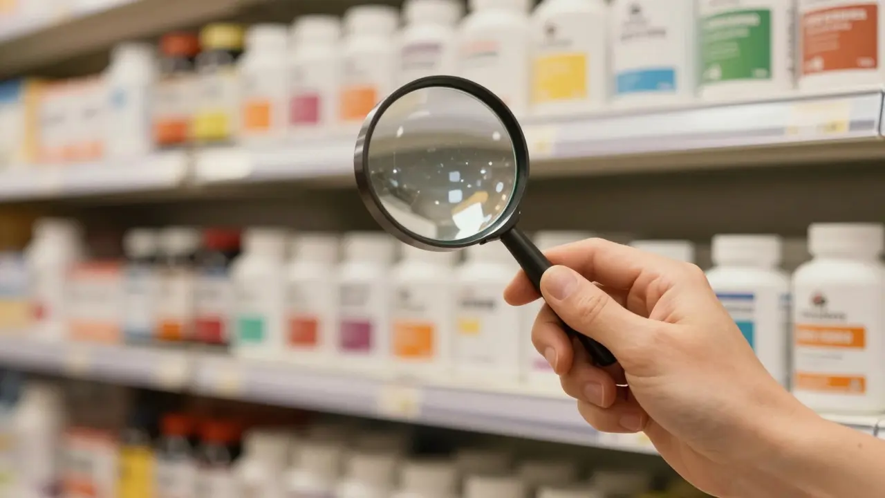 Hand mit Lupe prüft Supplementflasche vor dem Hintergrund eines Drogeriemarkts