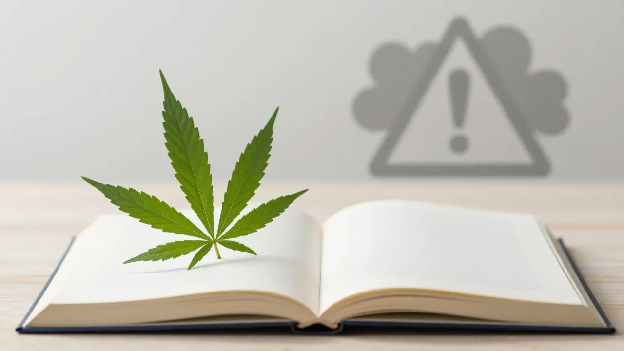 Hanfblatt auf Buchseite als Symbol für Legalität
