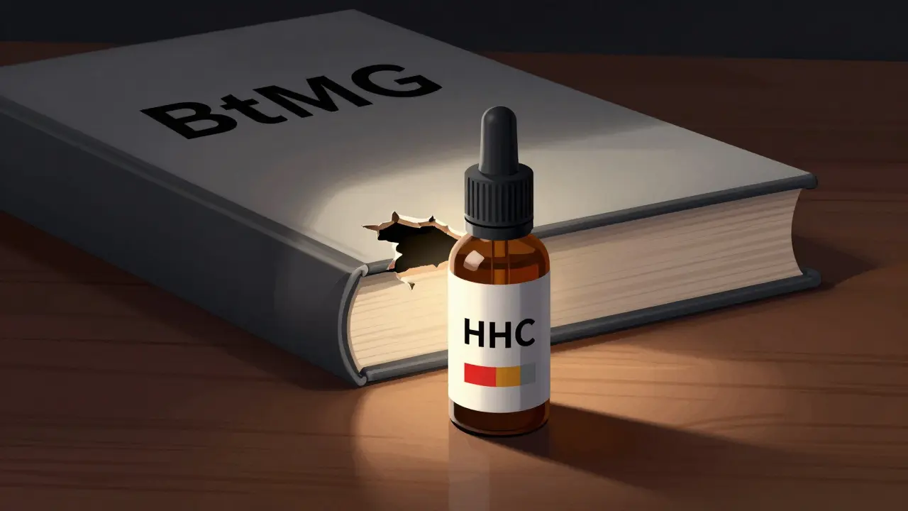 HHC-Produkt vor einem Gesetzestext mit einer sichtbaren Lücke