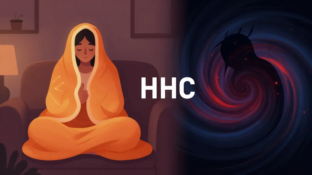 Illustration: Warme Entspannung durch HHC im Vergleich zu intensiver THC-Wirkung