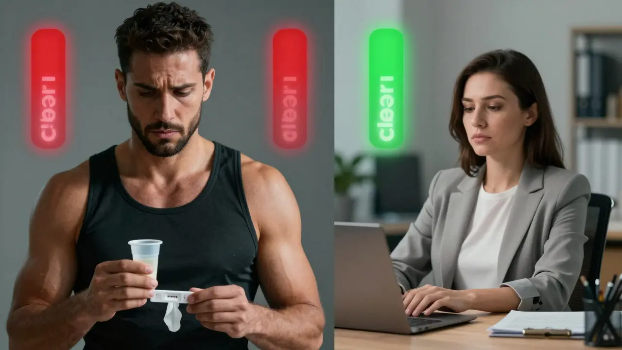 Konzeptionelles Bild: Sportler mit positivem Testergebnis links und entspannter Büroangestellter rechts.
