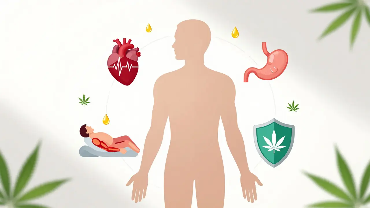 Menschliche Silhouette mit Symbolen für Herz, Verdauung und Immunsystem