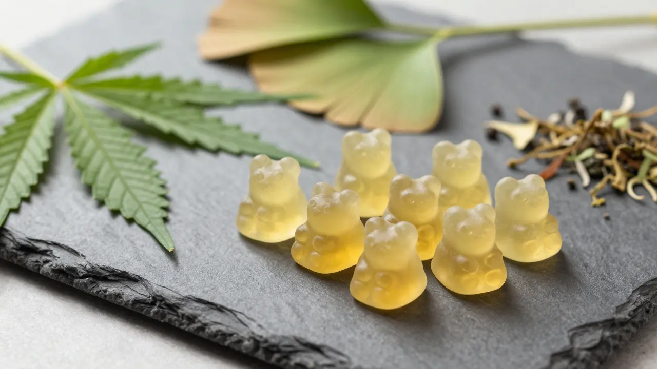 Nahaufnahme von CBD-Gummibärchen neben natürlichen Heilpflanzen