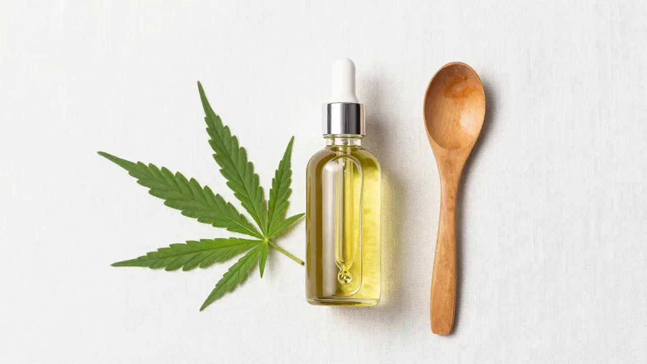 Nahaufnahme von CBD-Ölflasche und Hanfblättern