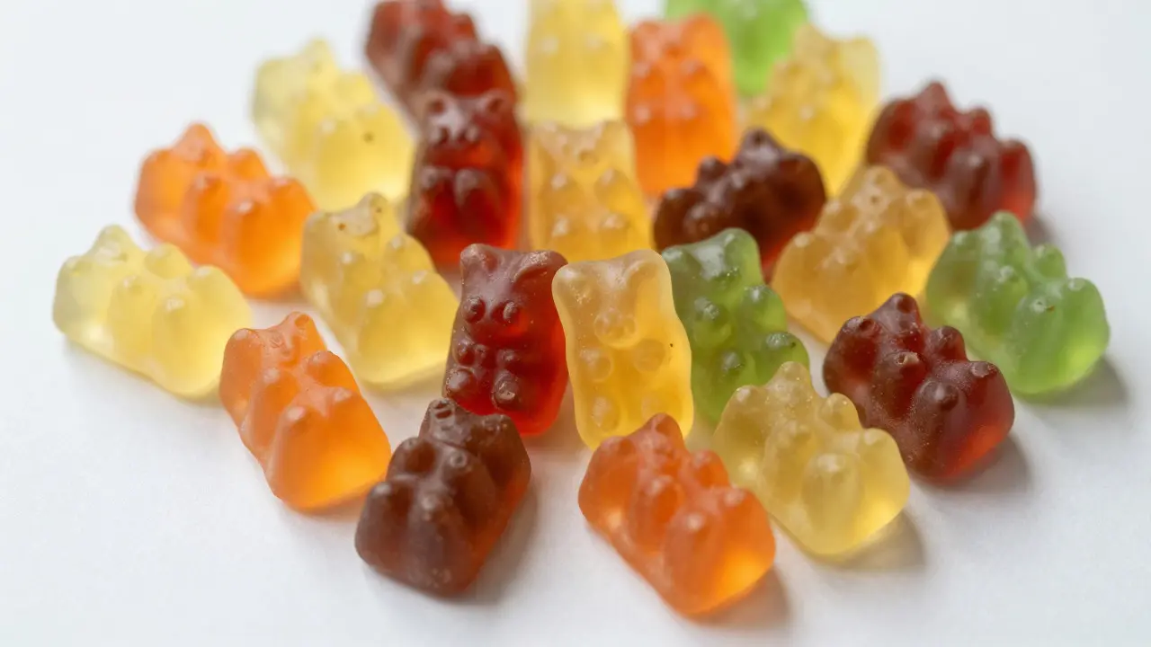 Nahaufnahme von präzise dosierten THC-Gummibärchen bei Tageslicht