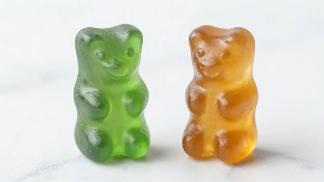 Nahaufnahme von zwei Gummibärchen: eines grün und natürlich, eines klar und rein