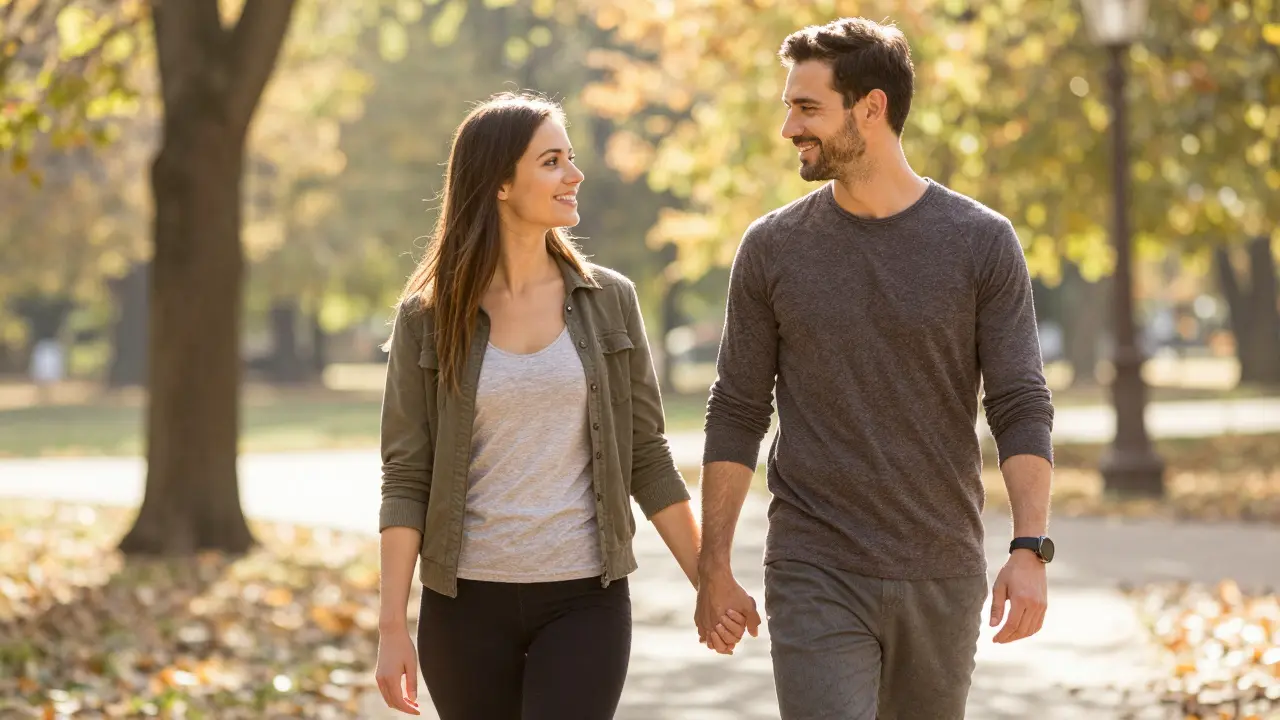 Paar spaziert im Park und zeigt emotionale Verbundenheit
