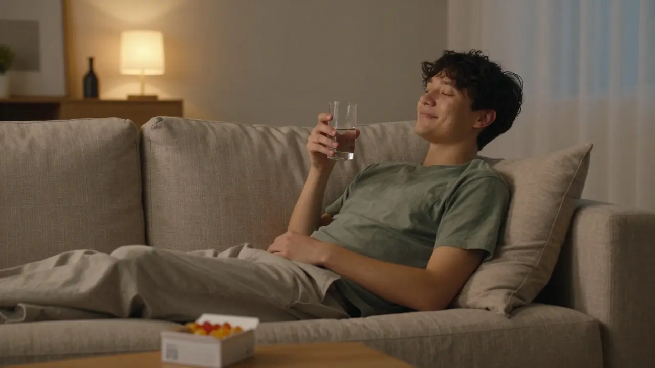 Person entspannt gemütlich auf dem Sofa mit Glas Wasser und Gummis