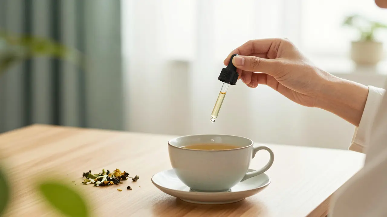 Person gibt CBD-Tropfen in eine Tasse Tee in ruhiger Umgebung