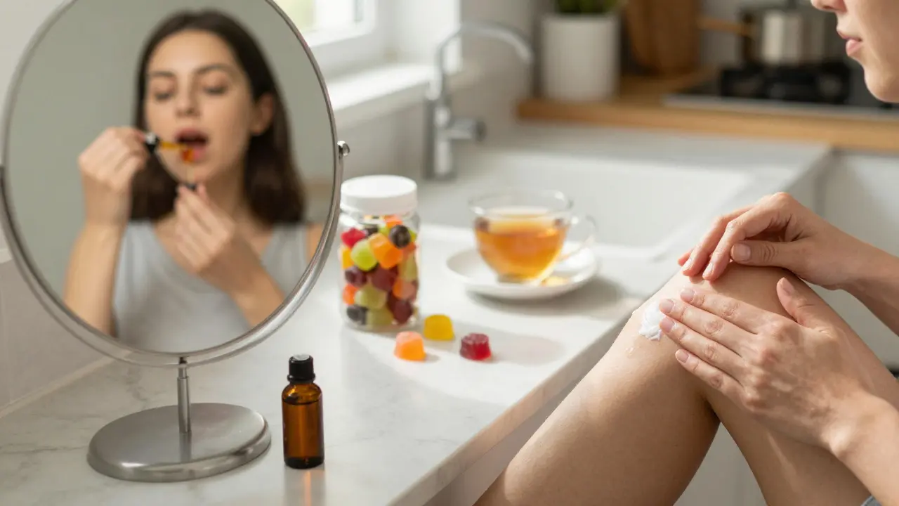 Person nimmt sublingual CBD-Öl ein, daneben Gummis und Creme für verschiedene Anwendungen