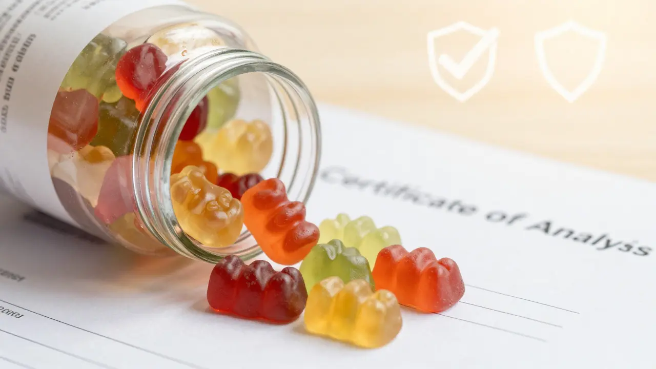 Qualitäts-HHC-Gummis neben Analyse-Zertifikat