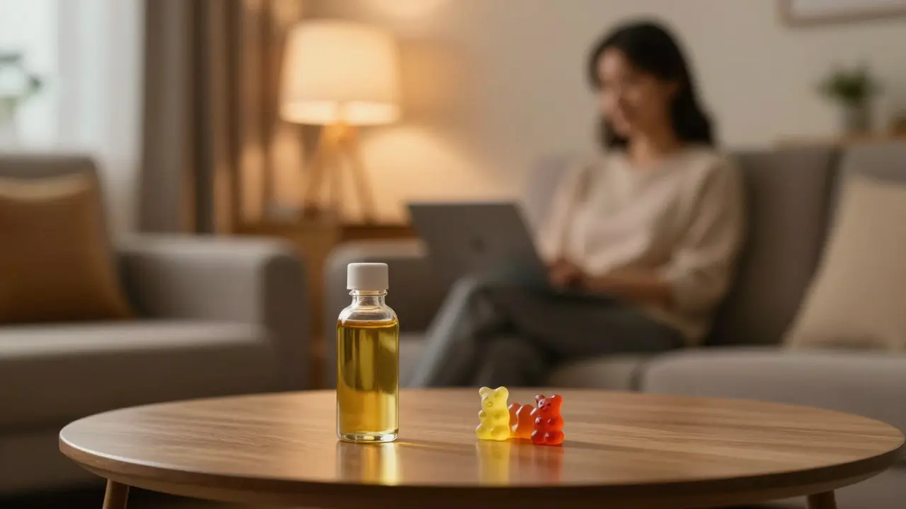 Ruhige Szene mit CBD-Produkten auf einem Couchtisch in gemütlichem Wohnzimmer