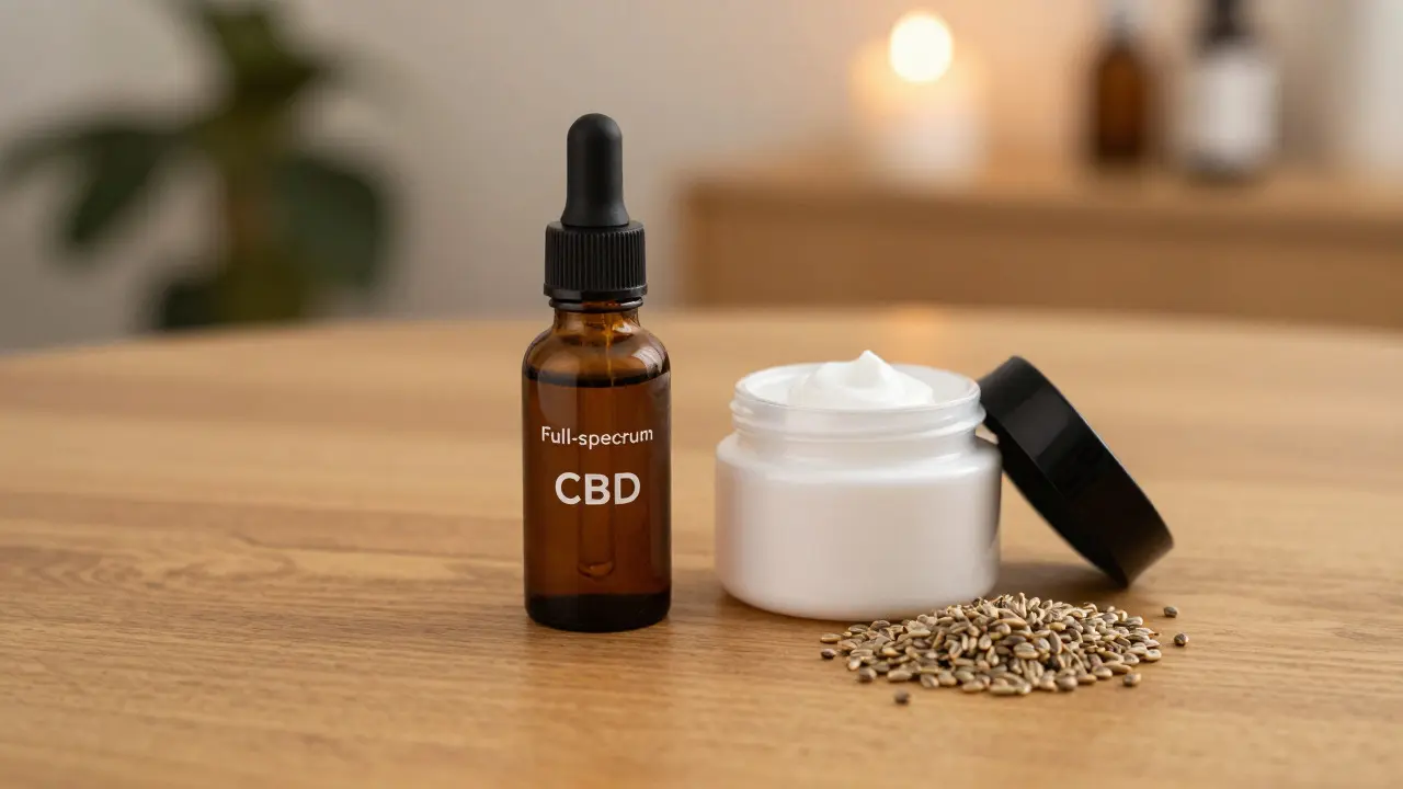 Verschiedene CBD-Produkte wie Öl und Creme auf einem Holztisch