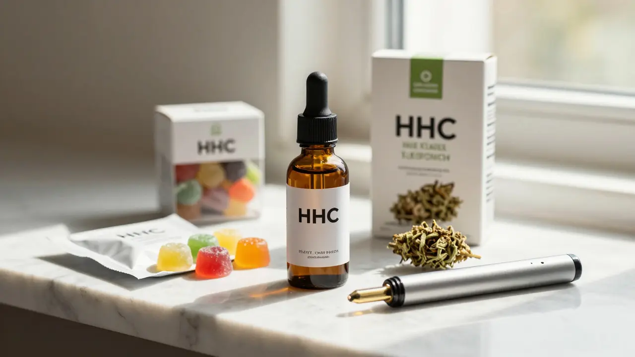 Verschiedene legale HHC-Produkte wie Öl, Gummis und Vapes auf einer Marmorplatte