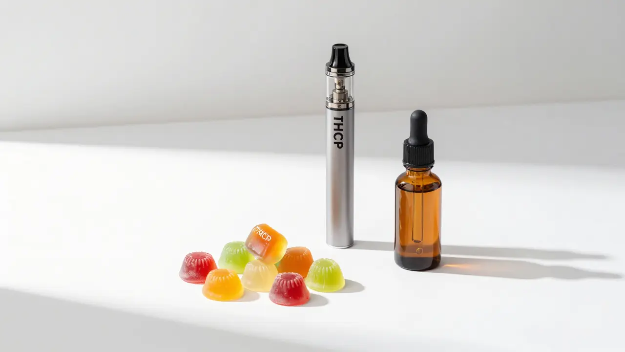 Verschiedene THCP-Produkte wie Gummis, Öl und Vape-Pen auf weißem Tisch