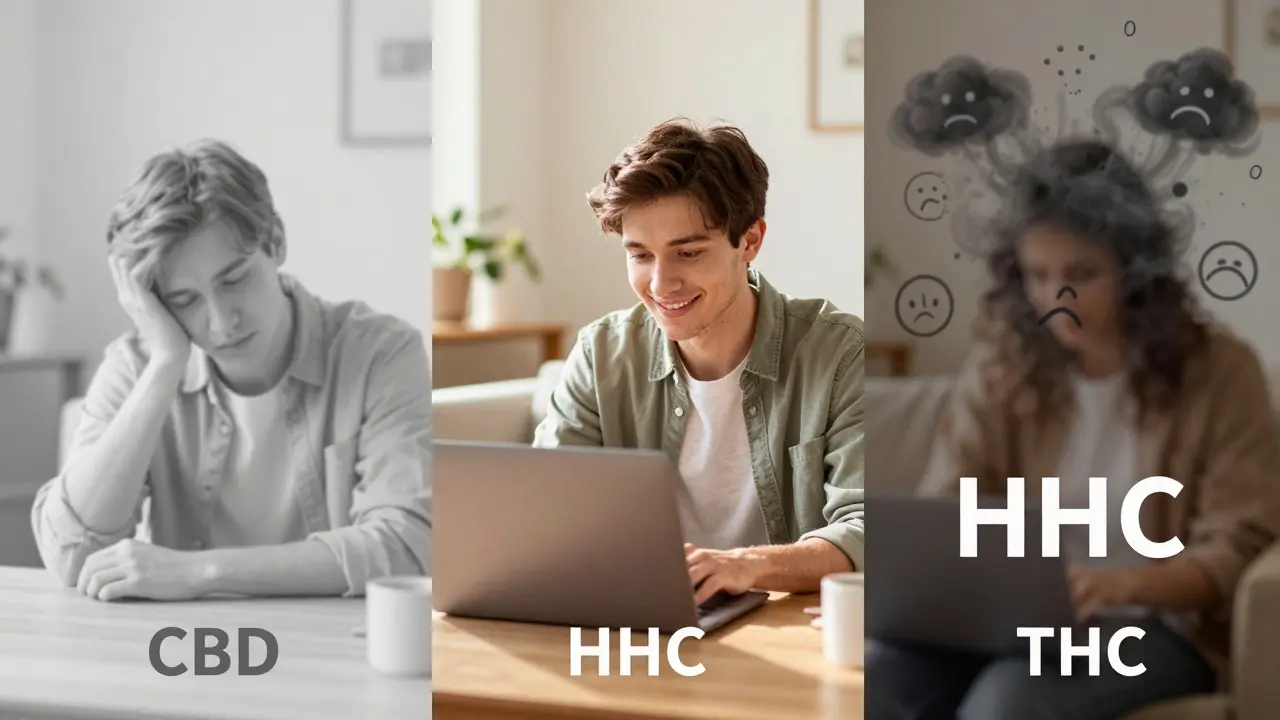 Visuelle Darstellung der ausgewogenen Wirkung von HHC zwischen CBD und starkem THC