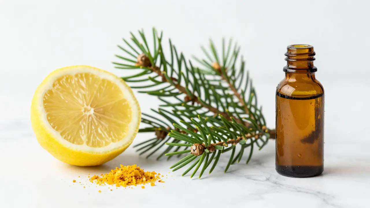 Zitrusfrüchte, Tannennadeln und CBD-Öl auf Marmor