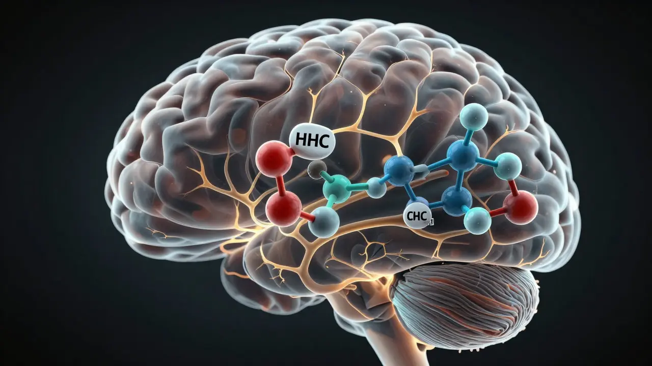 3D-Illustration der Bindung von HHC-Molekülen an Gehirnrezeptoren