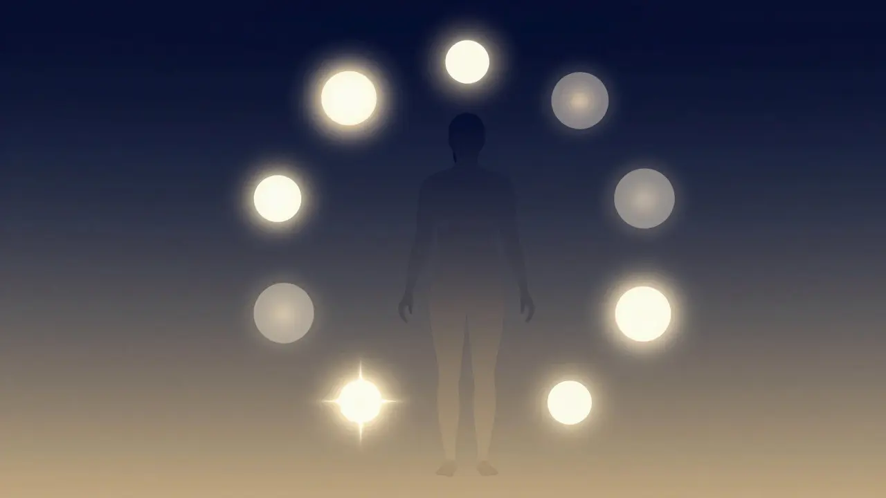 Abstract illustration of human silhouette with glowing orbs representing dosage timing