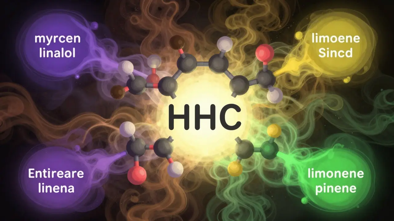 Abstrakte Darstellung der HHC-Molekülstruktur mit farbigen Terpen-Dämpfen