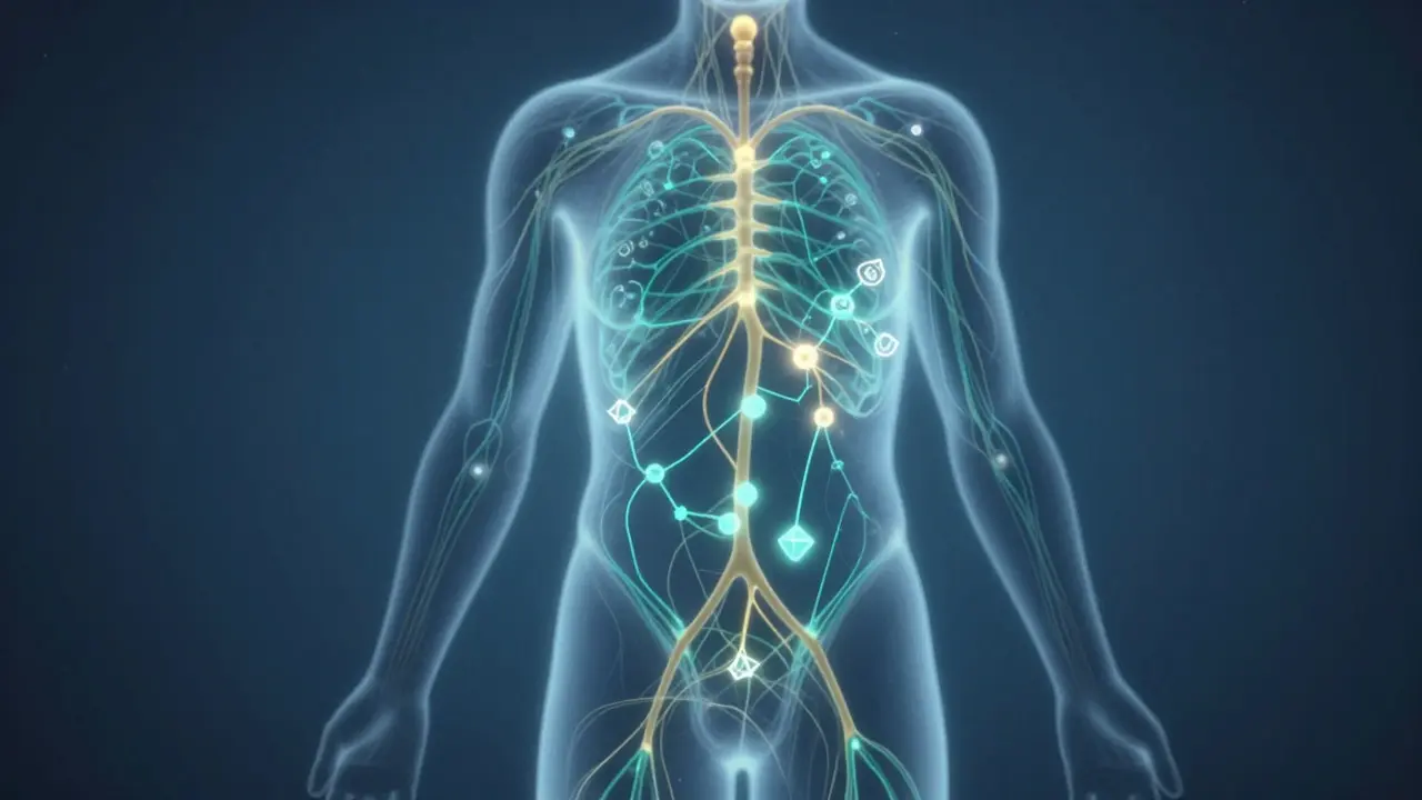 Abstrakte Darstellung des Endocannabinoid-Systems mit leuchtenden Nervenbahnen