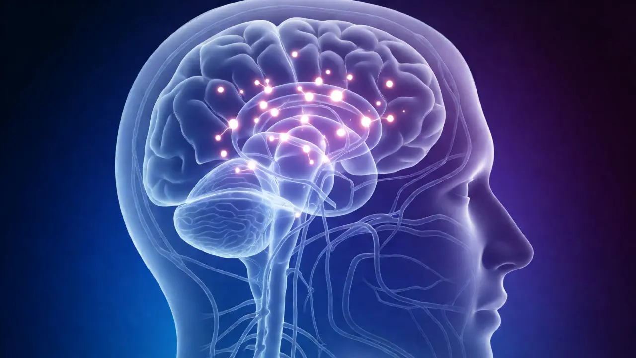Abstrakte Darstellung des Endocannabinoid-Systems und der Bindung von HHC-Molekülen an Rezeptoren.