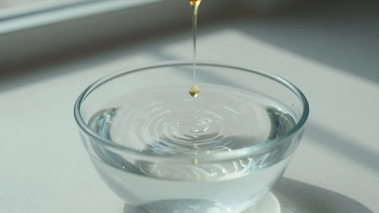 Abstrakte Darstellung eines Tropfens, der sanft ins Wasser fällt, Symbol für vorsichtige Dosierung