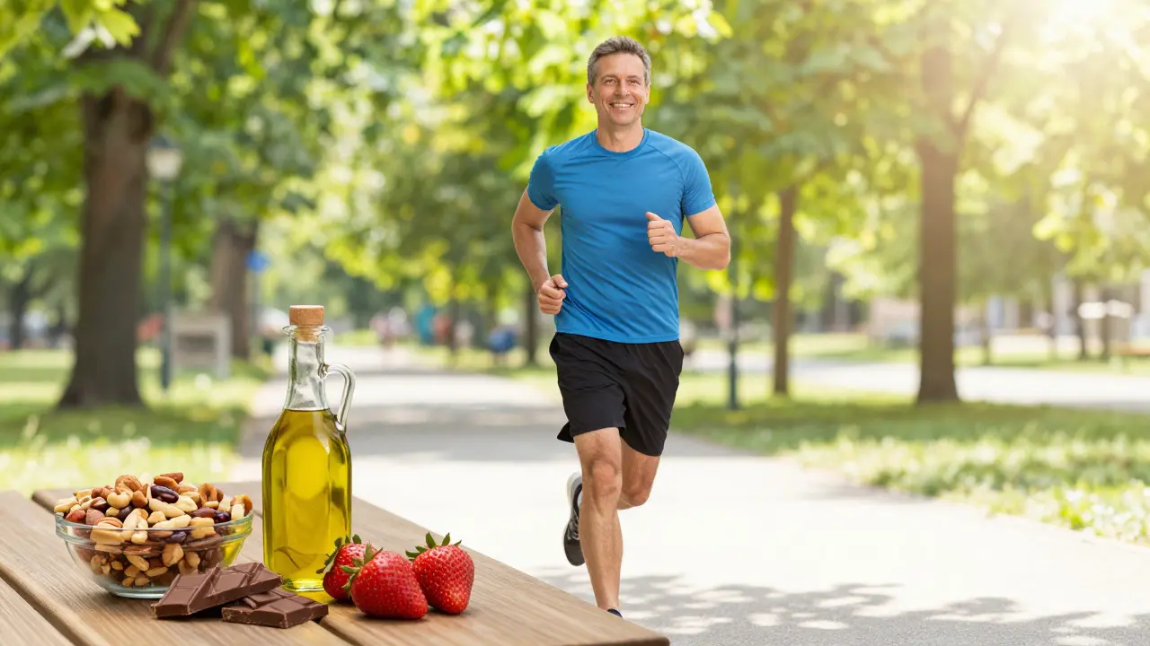 Aktiver Mann beim Joggen mit mediterraner Kost im Vordergrund