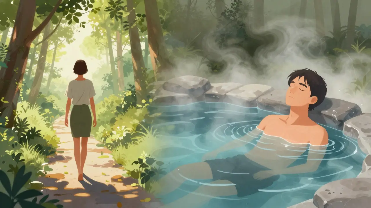 Artistic comparison of a forest walk and a hot spring bath representing different relaxation states