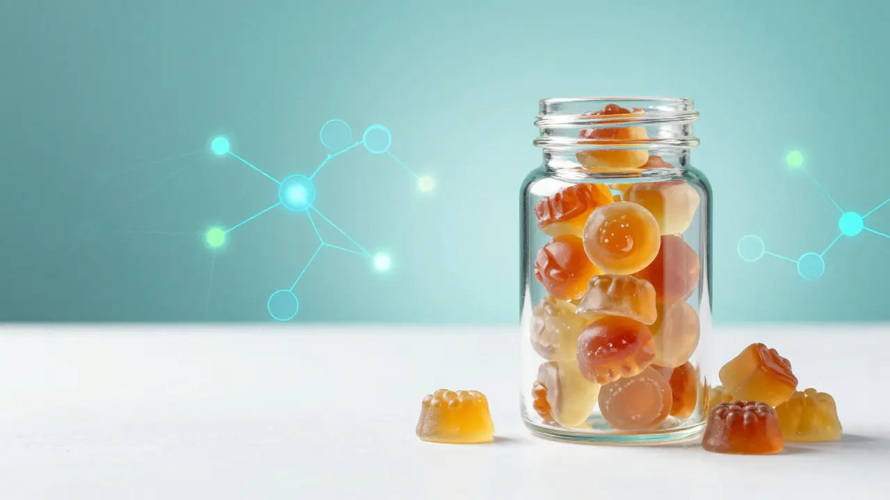 CBD-Gummis in einer Glasdose mit abstrakter Darstellung des Nervensystems