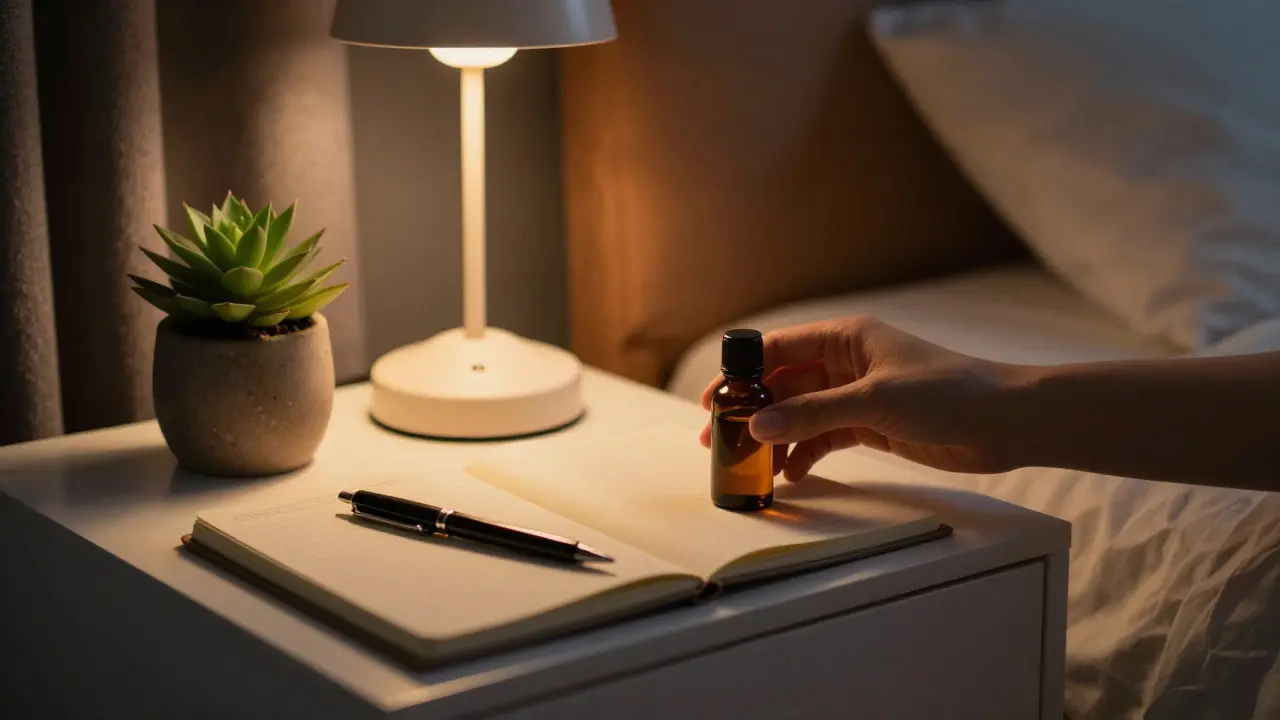 Close-up of a cozy bedside table with a journal, lamp, and hand placing an oil bottle