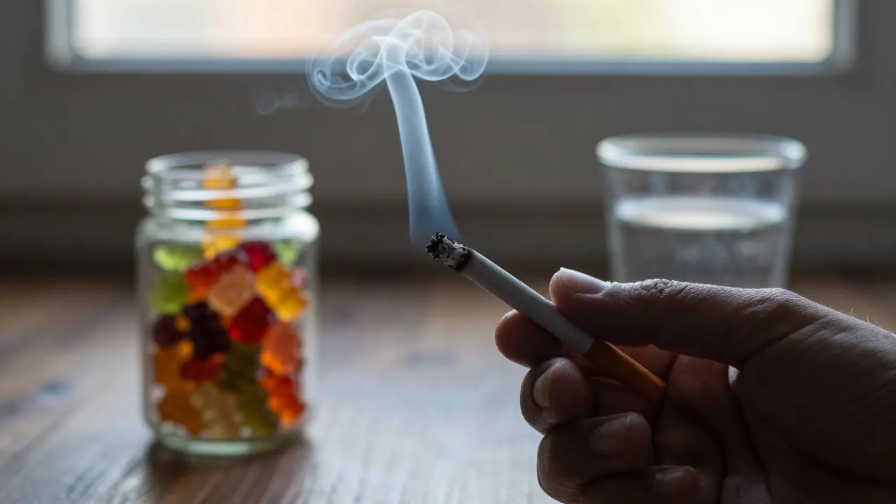 Close-up of a lit cigarette forming a knot in smoke, with blurred CBD gummies in the background