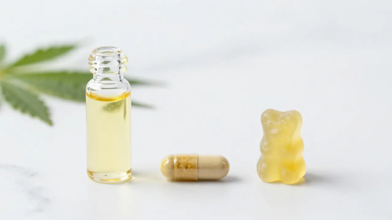 Comparison of CBD oil, capsules, and gummies on a marble surface
