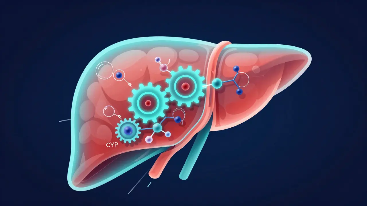 Conceptual illustration of CBD molecules interacting with liver enzymes
