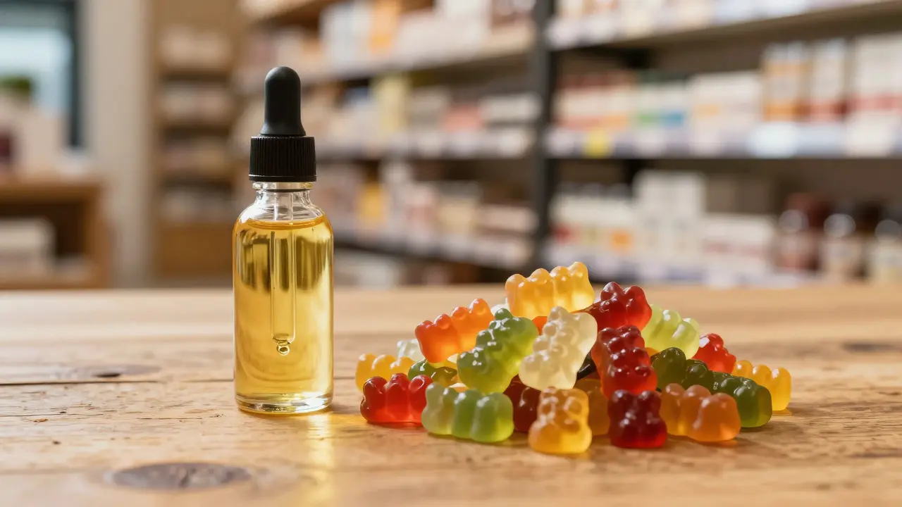 Delta-8-Ölflasche neben HHC-Gummibärchen auf einem Tisch