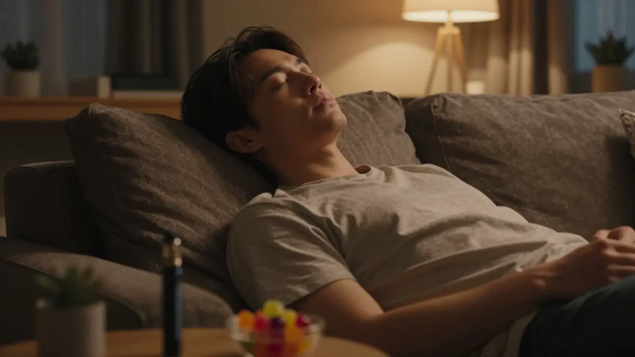 Entspannte Person auf dem Sofa am Abend mit Cannabinoid-Produkten im Vordergrund