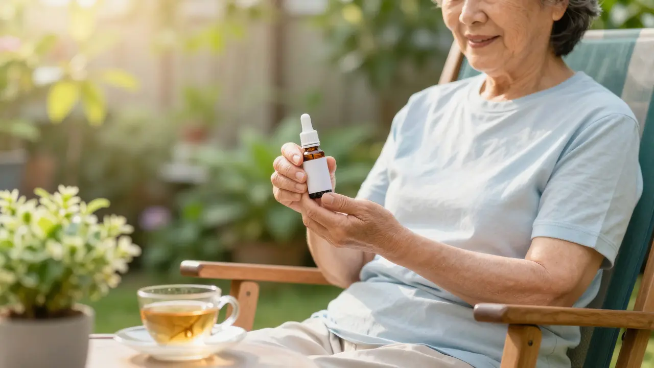 Entspannte Person im Garten mit einer Flasche CBD-Tinktur